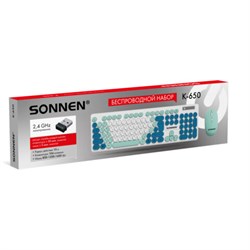 Набор беспроводной тихий: клавиатура 104 клавиши, мышь 4 кнопки 800/1200/1600 dpi, SONNEN K-650, белый / мятный / бирюзовый, 513953 - фото 17153236