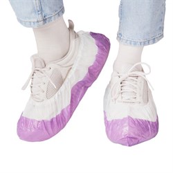 Бахилы двойные, КОМПЛЕКТ 100 шт. (50 пар), ЭКСТРА, 39х14 см, 32 мкм, 3 г, бело-фиолетовые, ELEGREEN, ПНД-8/8/1р-Б-Ф - фото 17163111