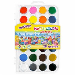 Краски акварельные ЮНЛАНДИЯ "ДОМИКИ", 28 цветов, круглые кюветы 28 мм, пенал, 192632 - фото 17262971