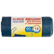 Мешки для мусора с завязками LAIMA "ULTRA", 60 л, синие, рулон 15 шт., особо прочные, ПСД 30 мкм, 60х70 см, 607696