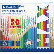 Карандаши цветные супермягкие яркие BRAUBERG MAX, 50 цветов, трехгранные, грифель 3,3 мм, натуральное дерево, 181860