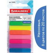 Закладки клейкие неоновые BRAUBERG, 45х8 мм, 160 штук (8 цветов х 20 листов), на пластиковом основании, 126699