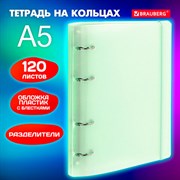 Тетрадь на кольцах А5 175х220 мм, 120 л., пластик, с резинкой и разделителями, BRAUBERG, Зеленый, 404632