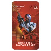 Карандаши цветные BRAUBERG "Star Patrol", 12 цв, металлическая упаковка, шестигранные, грифель 3 мм, натуральное дерево, 180543