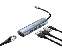 USB HUB UH-545 USB3.0 с Ethernet RJ45, гигабитным Ethernet RJ45 x 1, портом питания USB-C (5 В 3 А) x 1, портами передачи данных USB-A 3.0 x 3