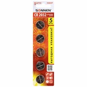 Батарейки литиевые SONNEN Lithium CR2032 "таблетки, дисковые, кнопочные" КОМПЛЕКТ 5 шт., блистер, 455504