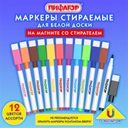 Маркеры стираемые 2 мм на магните со стирателем для белой доски и планера НАБОР 12 ЦВЕТОВ, ПИФАГОР, 152564