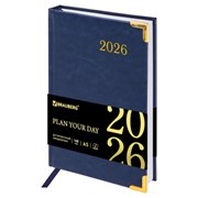 Ежедневник датированный 2026, А5, 138x213 мм, BRAUBERG "Senator", под кожу, синий, 117091