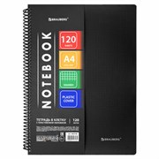 Тетрадь обложка пластик, А4, 120 л., спираль пластик, клетка, BRAUBERG "Metropolis", черный, 404740