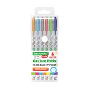 Ручки гелевые МЕТАЛЛИК BRAUBERG KIDS "CUTE ANIMALS", НАБОР 6 ЦВЕТОВ, корпус с печатью, узел 1 мм, линия письма 0,7 мм, 144440