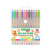 Ручки гелевые НЕОНОВЫЕ BRAUBERG KIDS "CUTE ANIMALS", НАБОР 12 ЦВЕТОВ, корпус с печатью, узел 1 мм, линия письма 0,7 мм, 144444