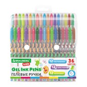Ручки гелевые BRAUBERG KIDS "CUTE ANIMALS", НАБОР 36 ЦВЕТОВ, корпус с печатью, узел 1 мм, линия письма 0,7 мм, 144448