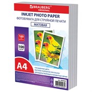 Фотобумага матовая, А4, 160 г/м2, односторонняя, 100 листов, ПАКЕТ, BRAUBERG ORIGINAL, 364428