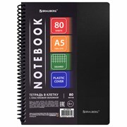 Тетрадь обложка пластик, А5, 80 л., спираль пластик, клетка, BRAUBERG "Metropolis", черный, 404745