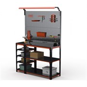 Стол-верстак ООО Металекс KIT 950х1300х400 (с бок. полками, 2-мя панелями и комп. освещения) (оранжево-чёрный)